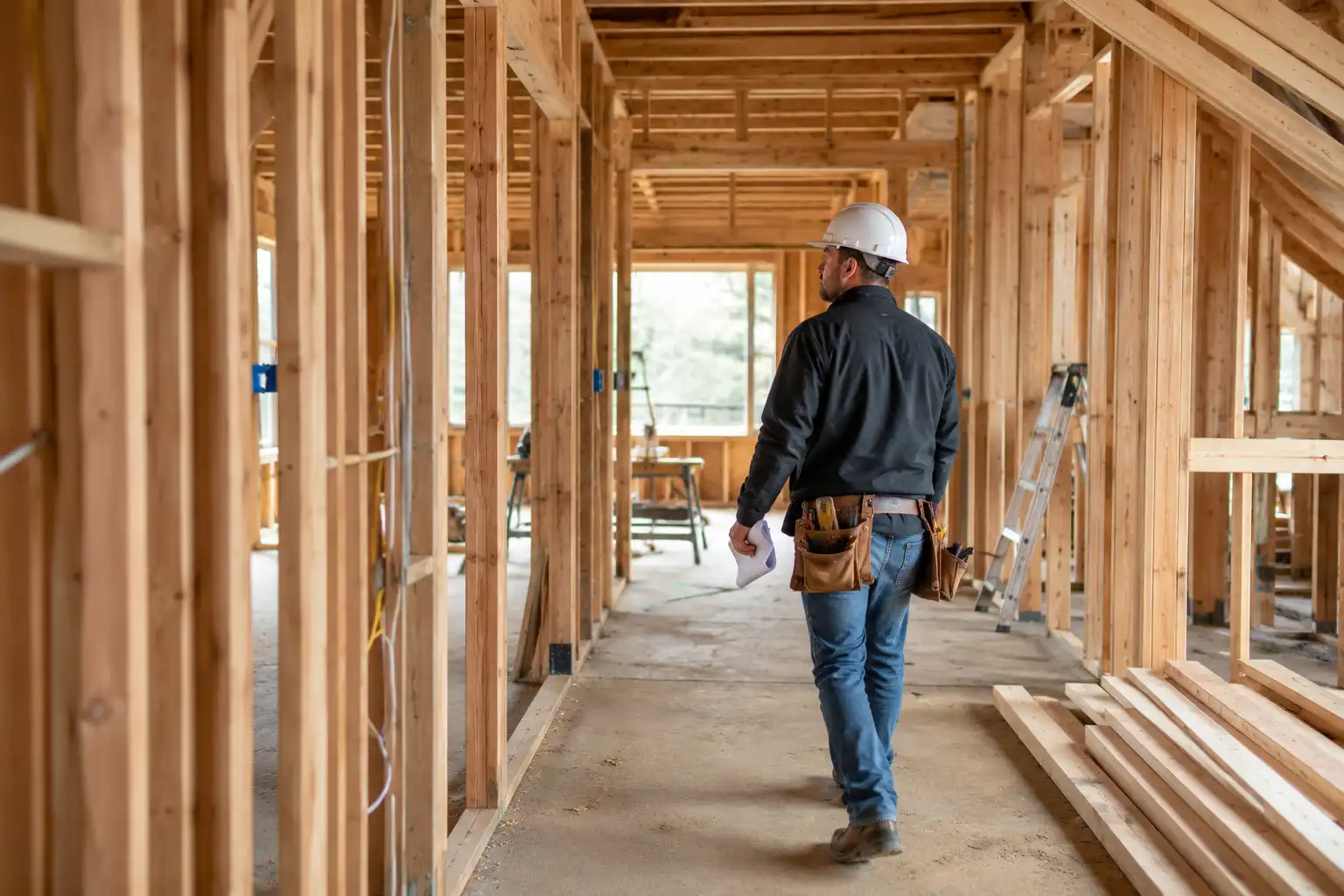 Builder walking a framed home under construction