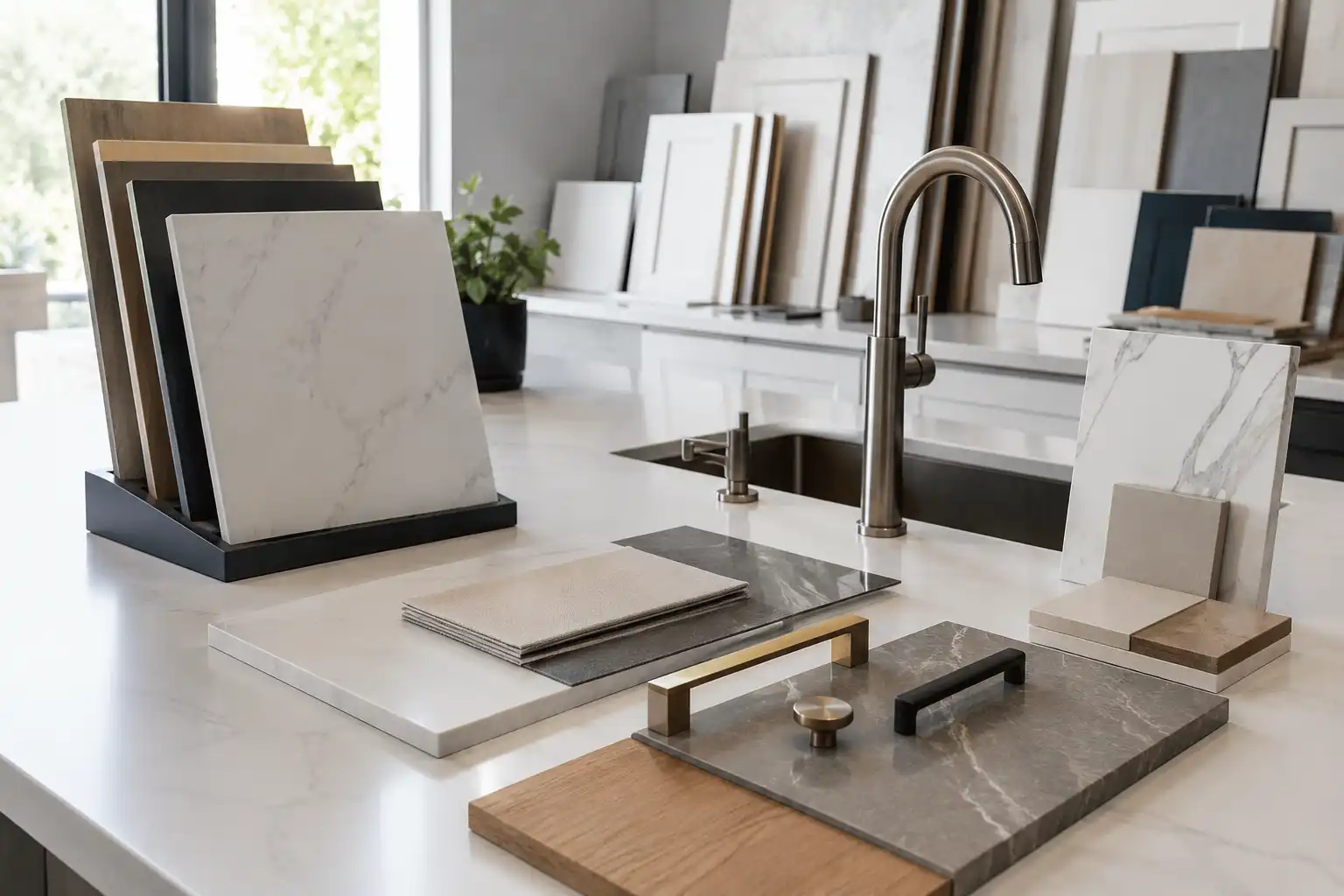 Countertop, sink, and material sample display