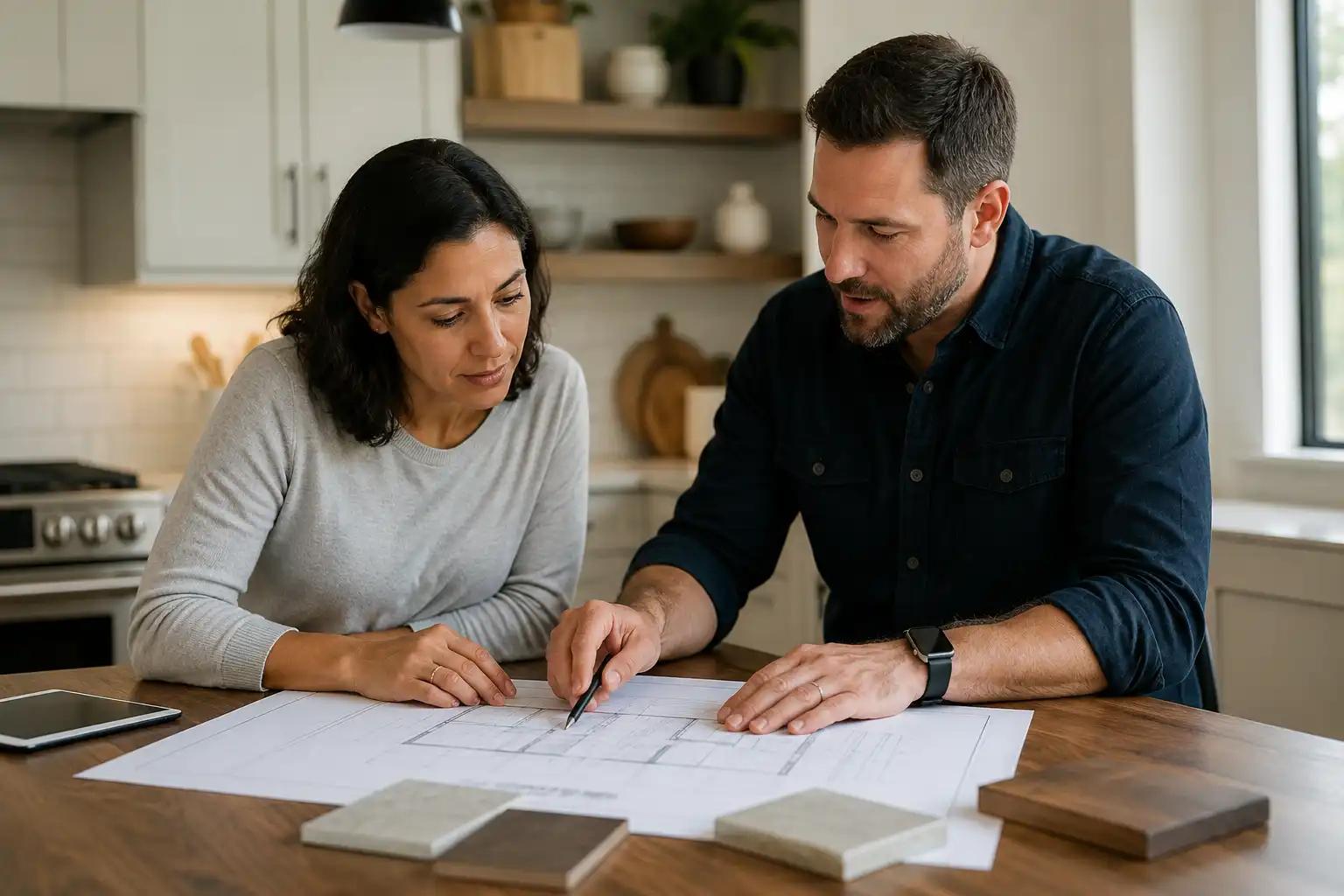 Client reviewing plans with builder