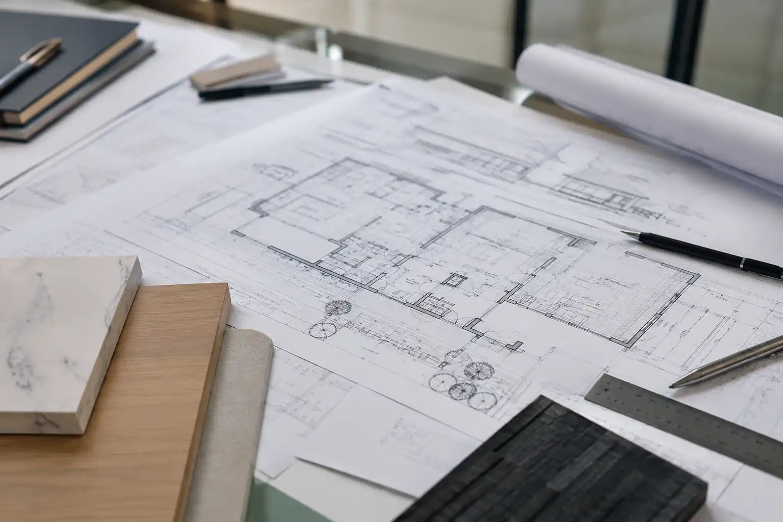 Architectural drawings on a table