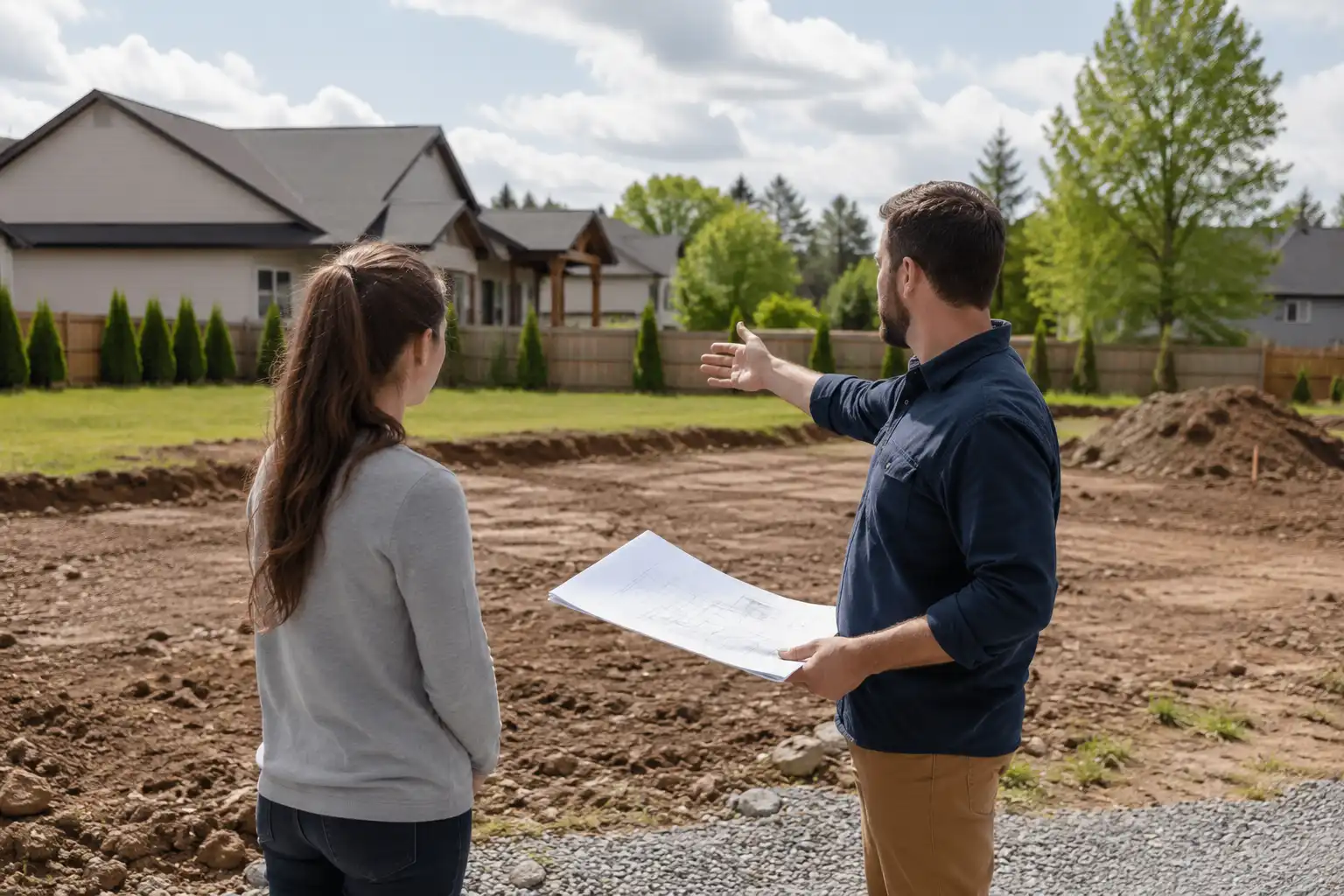 Builder and property owner reviewing a future home site