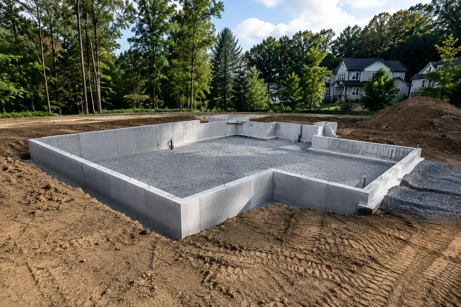 Prepared residential foundation at a custom home site
