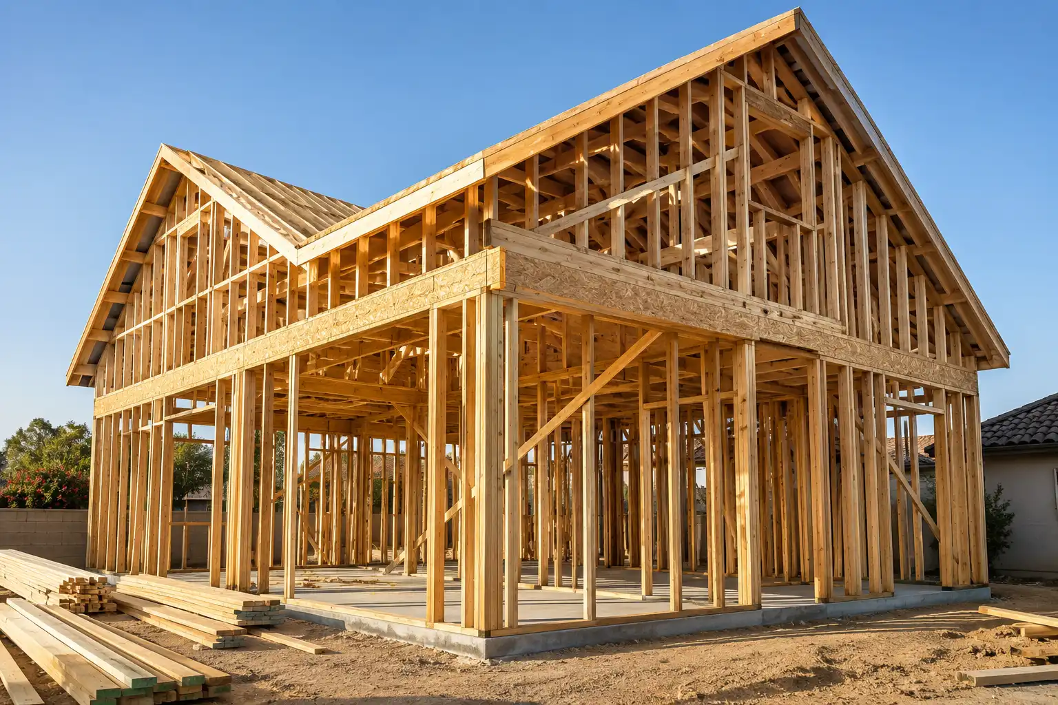 Wood framing structure during custom home construction