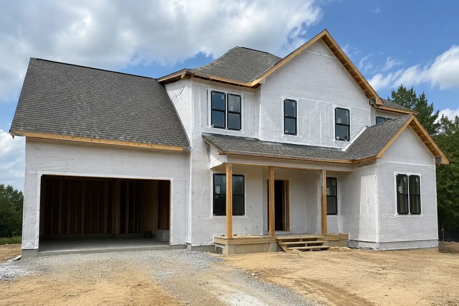 Custom home enclosed with roofing and exterior weather barrier