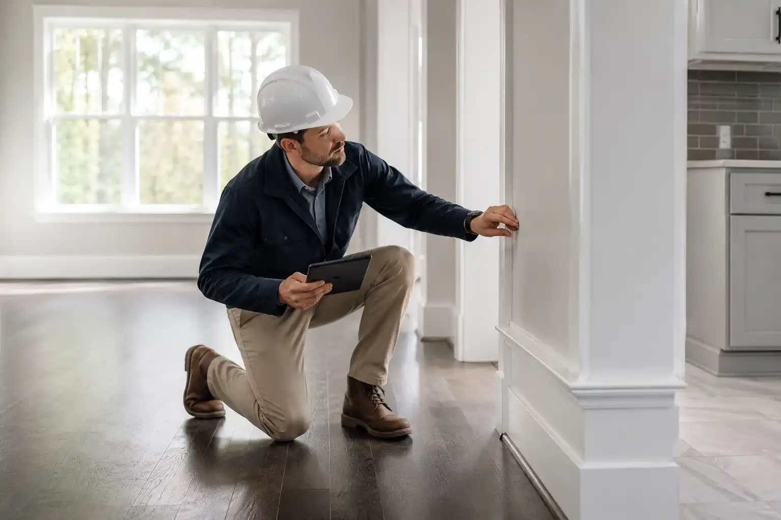 Builder performing a quality-control inspection inside a home