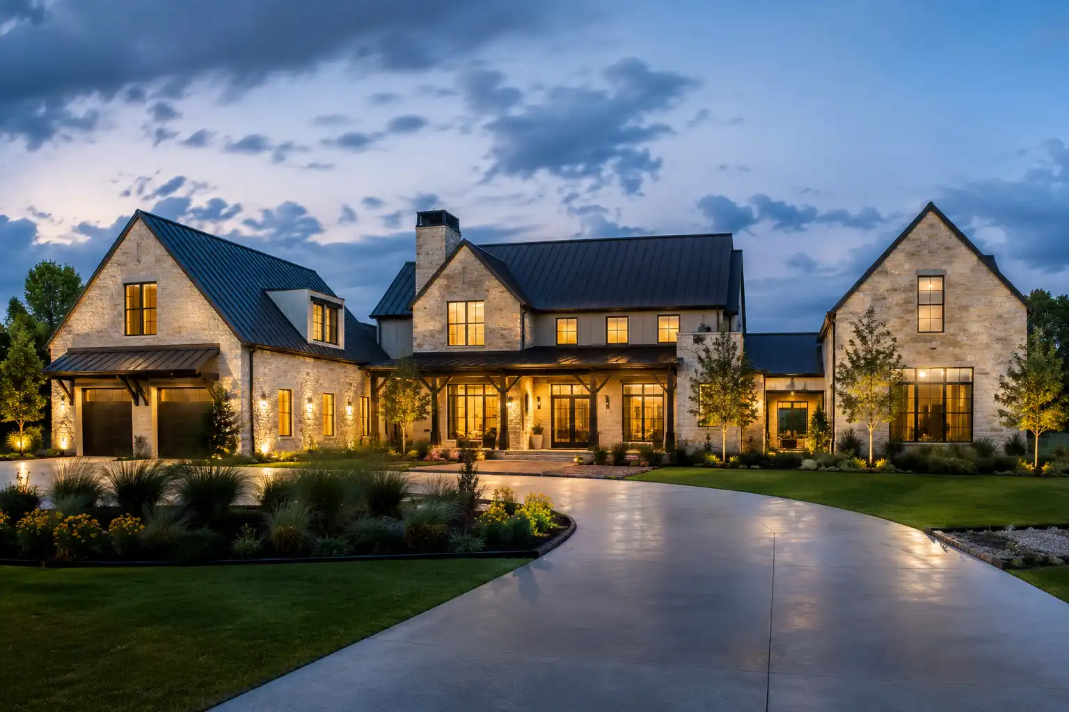 Completed custom home at dusk
